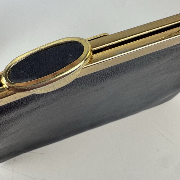 1960s minimalist glam navy leather clutch Etra gold frame evening bag - Picture 13 of 16